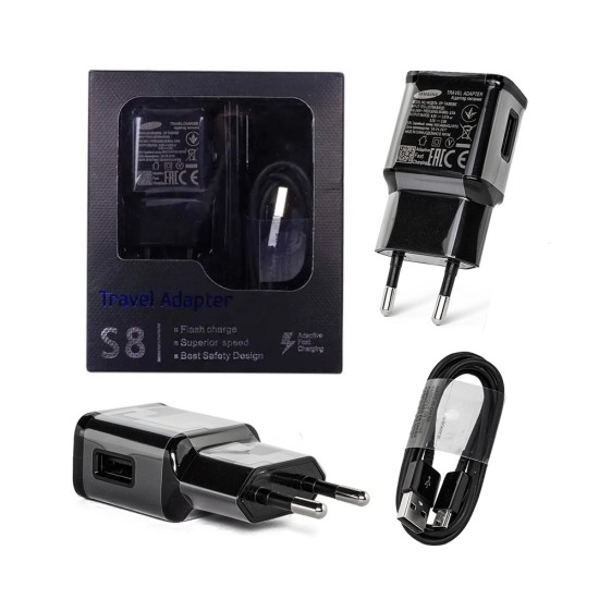 Carregador Adaptador de Viagem S8 com Cabo Tipo C 1m para Samsung e todos os Smartphones Android Preto